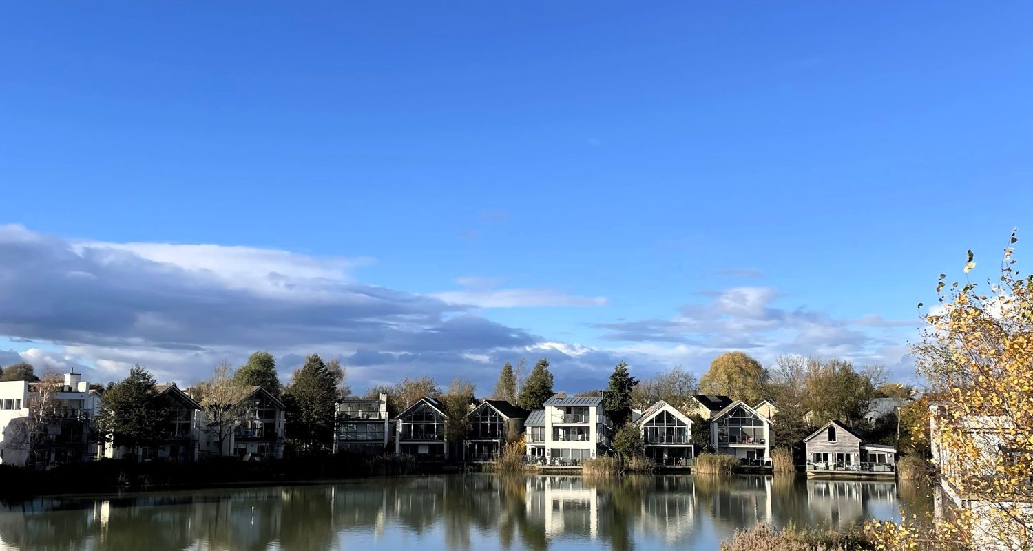 View of modern, contemporary lakeside lodges