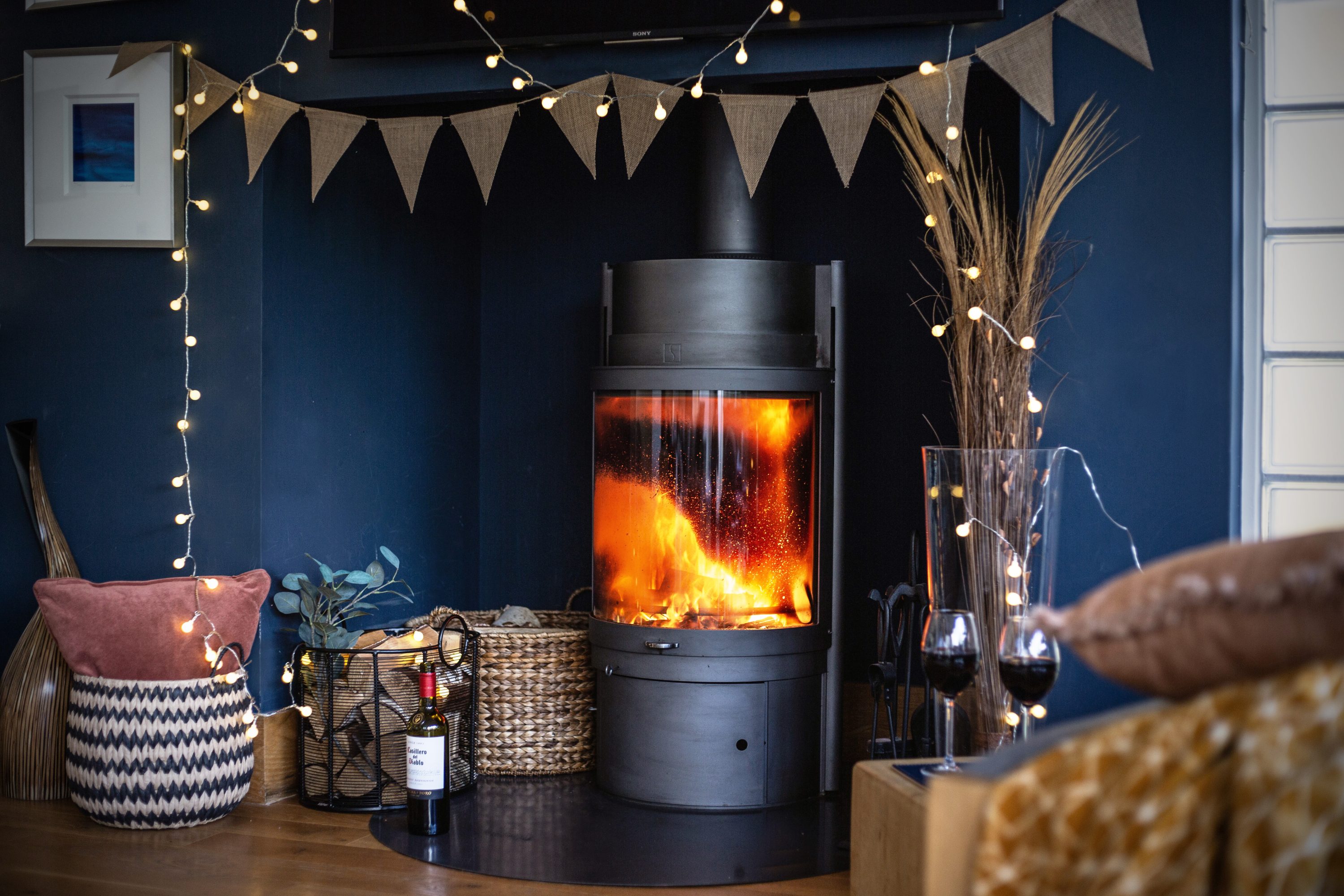 Modern log with blazing fire